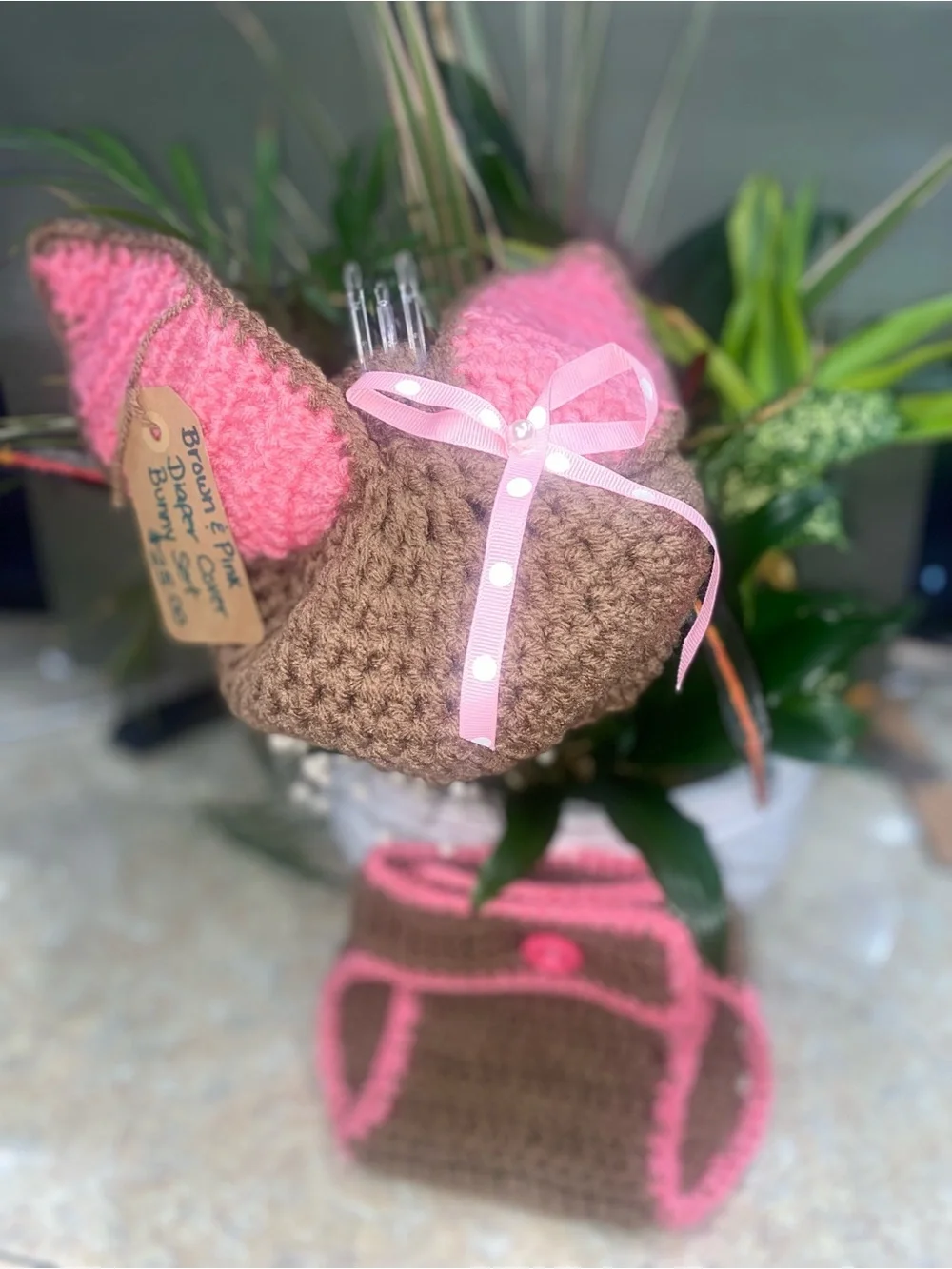 Handmade Crochet Bunny Diaper Cover & Ear Hat - Brown and Bright Pink